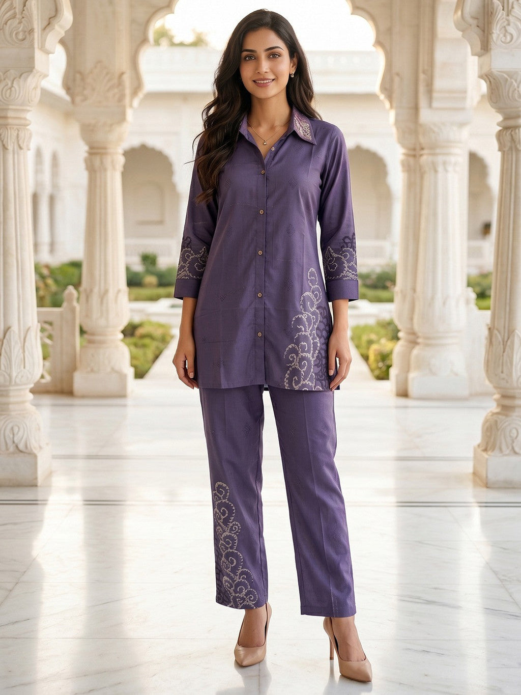 Violet Crepe Top Bottom Set with Embroidered Accents