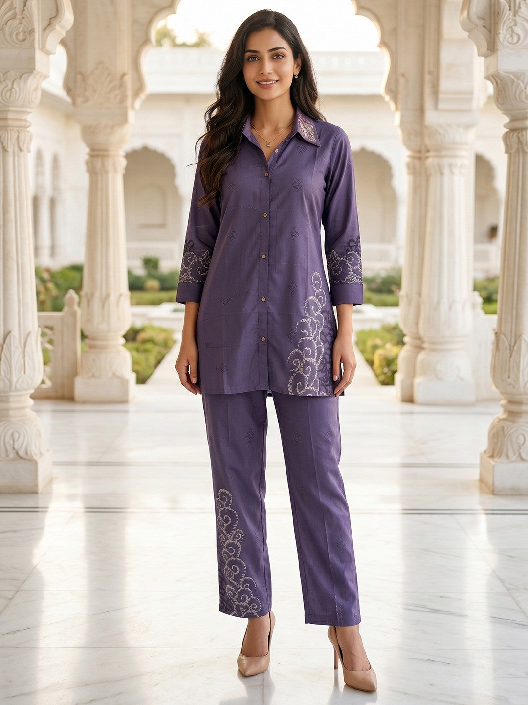 Violet Crepe Top Bottom Set with Embroidered Accents