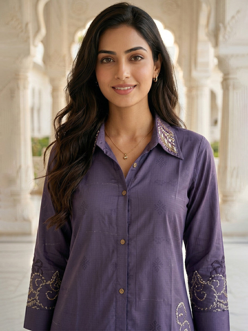 Violet Crepe Top Bottom Set with Embroidered Accents