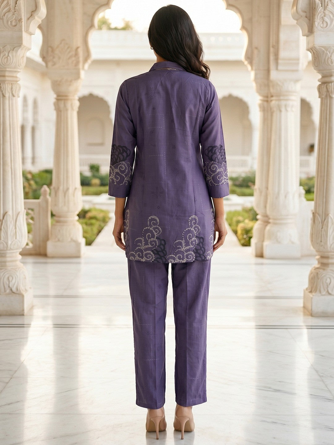 Violet Crepe Top Bottom Set with Embroidered Accents