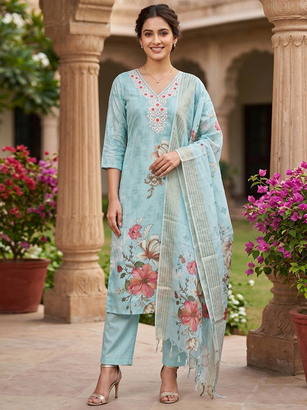 Blue Linen Salwar Suit with Embroidered Neck and Floral Print Soft Fabric Wear