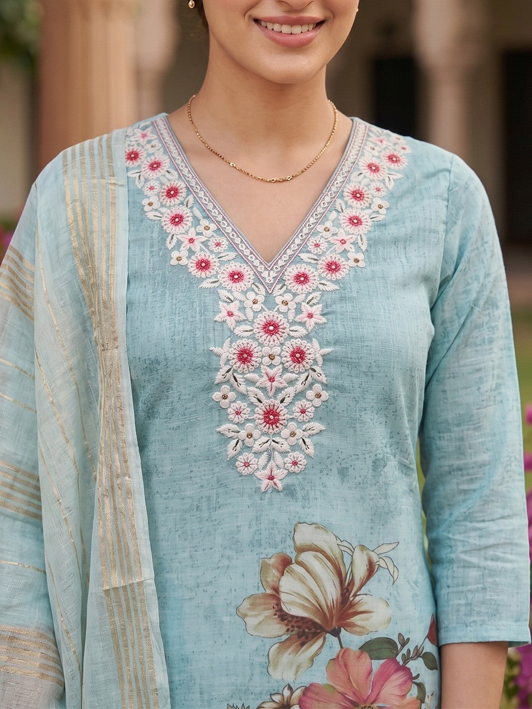 Blue Linen Salwar Suit with Embroidered Neck and Floral Print Soft Fabric Wear