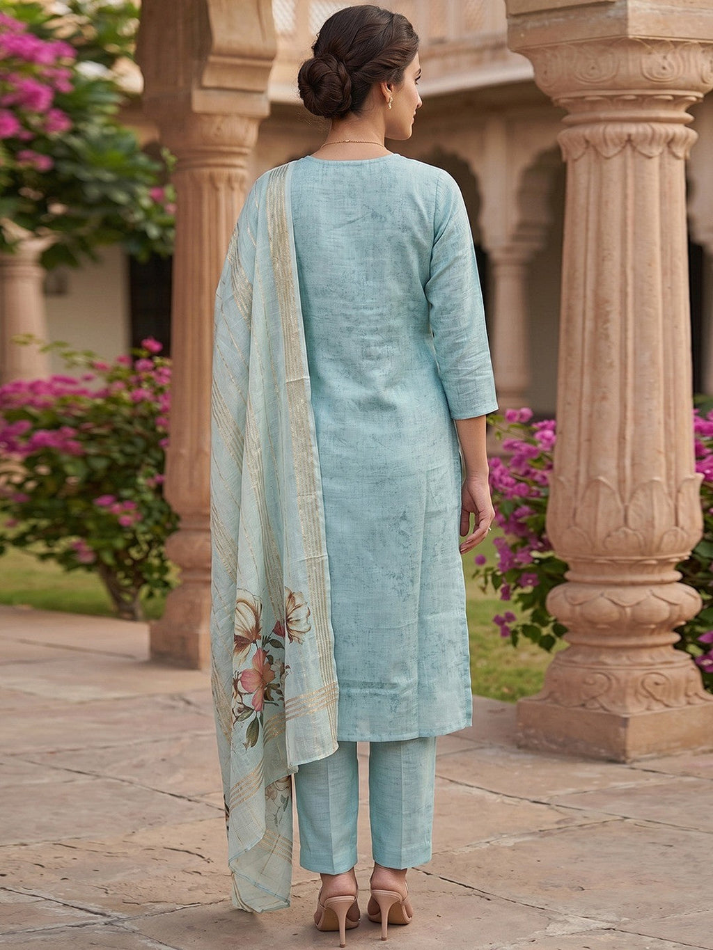 Blue Linen Salwar Suit with Embroidered Neck and Floral Print Soft Fabric Wear