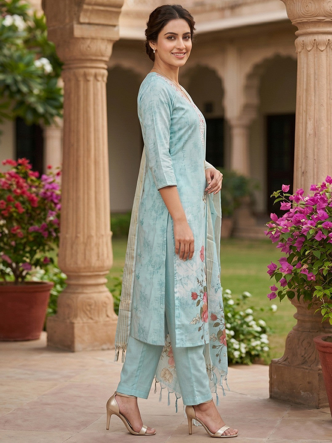 Blue Linen Salwar Suit with Embroidered Neck and Floral Print Soft Fabric Wear
