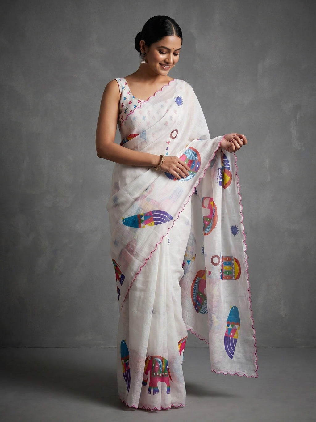Stylish White Linen Saree with Multicolor Printed Motifs Minimal Elegant Look