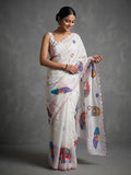 Stylish White Linen Saree with Multicolor Printed Motifs Minimal Elegant Look