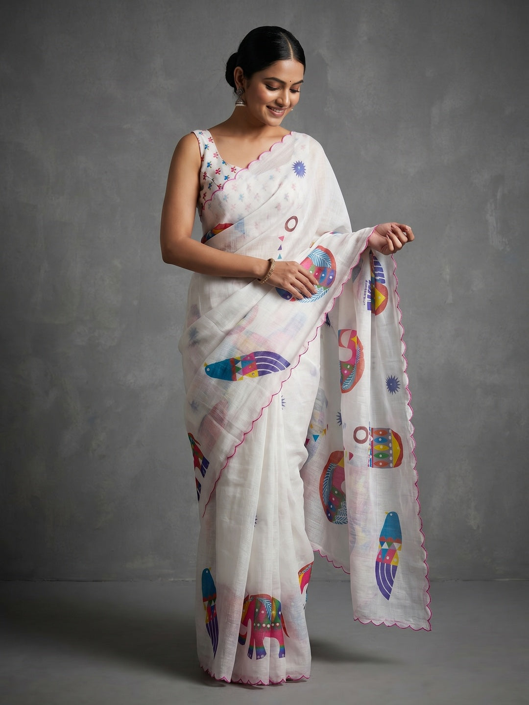 Stylish White Linen Saree with Multicolor Printed Motifs Minimal Elegant Look