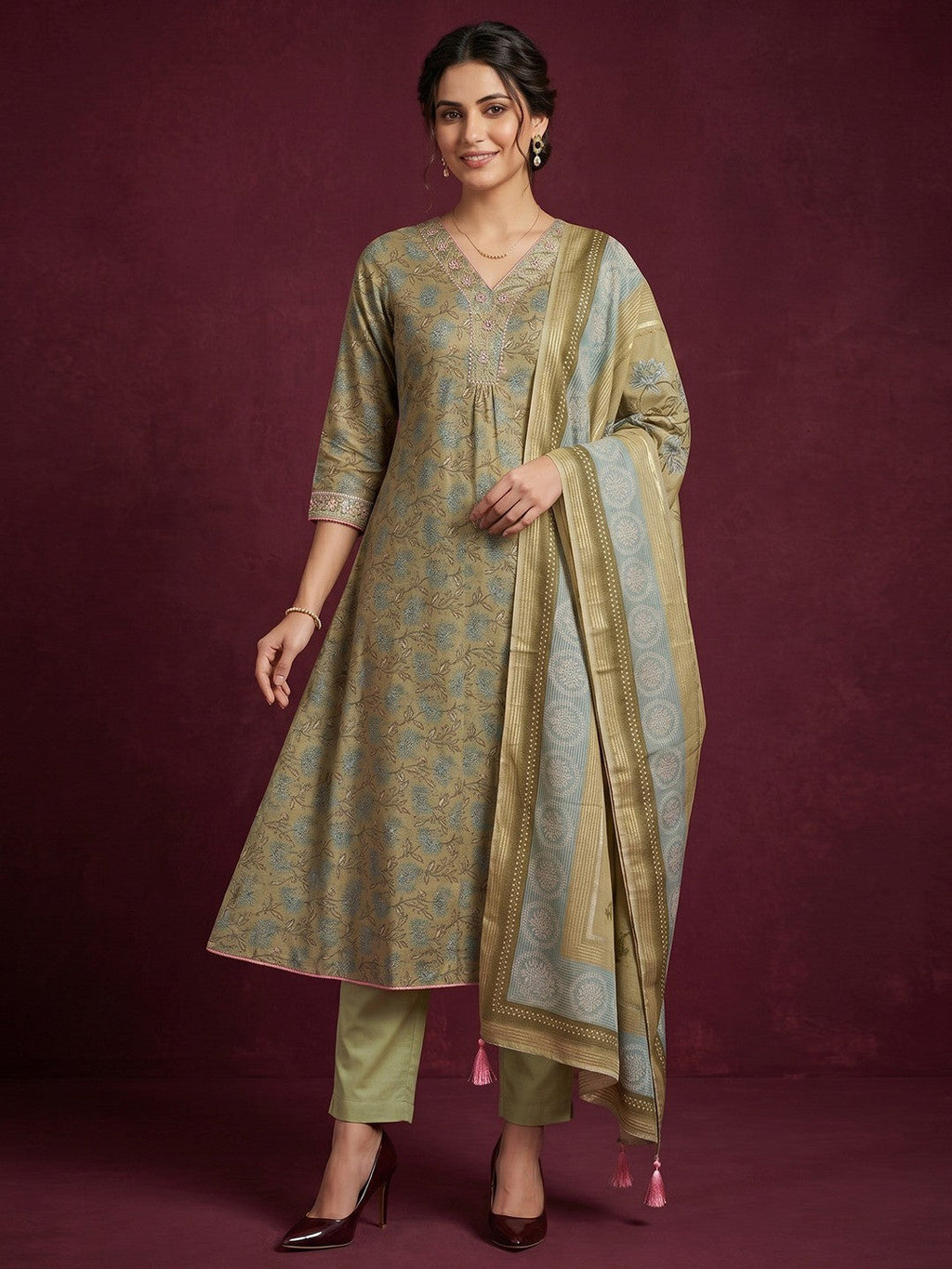 Green Floral Printed Kota Doria Salwar Suit with Dupatta