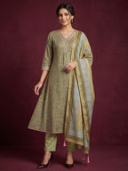 Green Floral Printed Kota Doria Salwar Suit with Dupatta