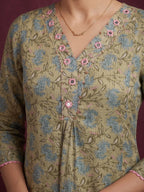 Green Floral Printed Kota Doria Salwar Suit with Dupatta