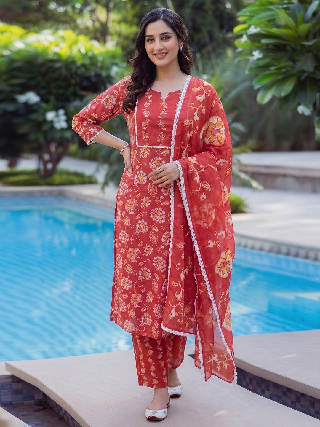 Red Floral Cotton Salwar Suit Set with Dupatta Soft Comfortable Ethnic Wear