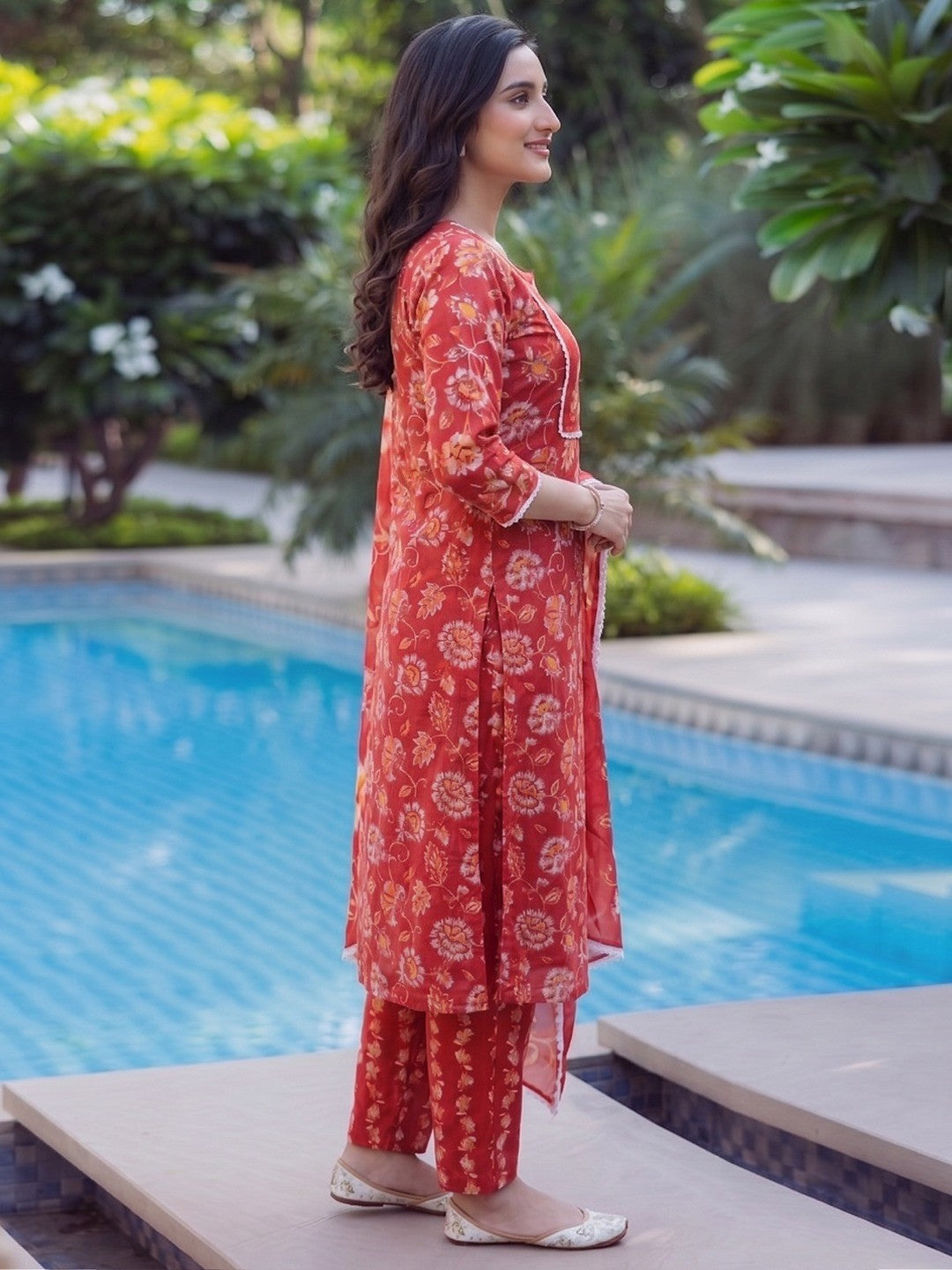 Red Floral Cotton Salwar Suit Set with Dupatta Soft Comfortable Ethnic Wear