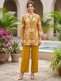 Mustard Floral Printed Rayon Top Bottom Set with Bead Work on Neck Stylish Ethnic Wear