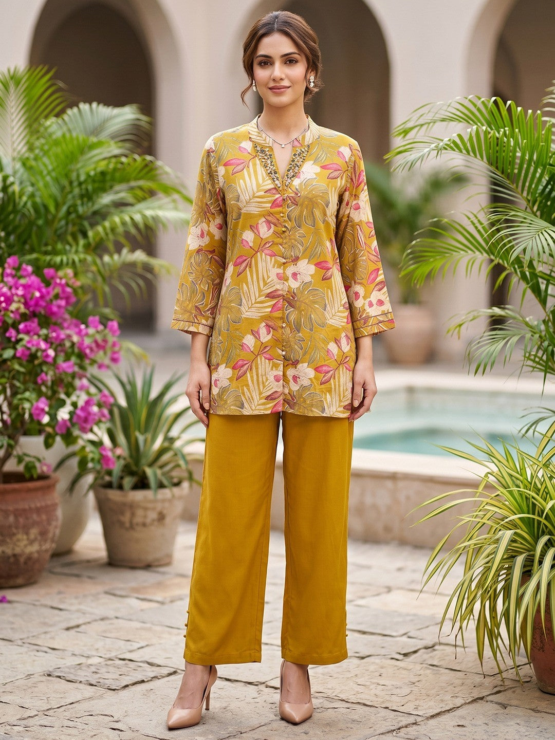 Mustard Floral Printed Rayon Top Bottom Set with Bead Work on Neck Stylish Ethnic Wear