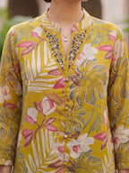 Mustard Floral Printed Rayon Top Bottom Set with Bead Work on Neck Stylish Ethnic Wear