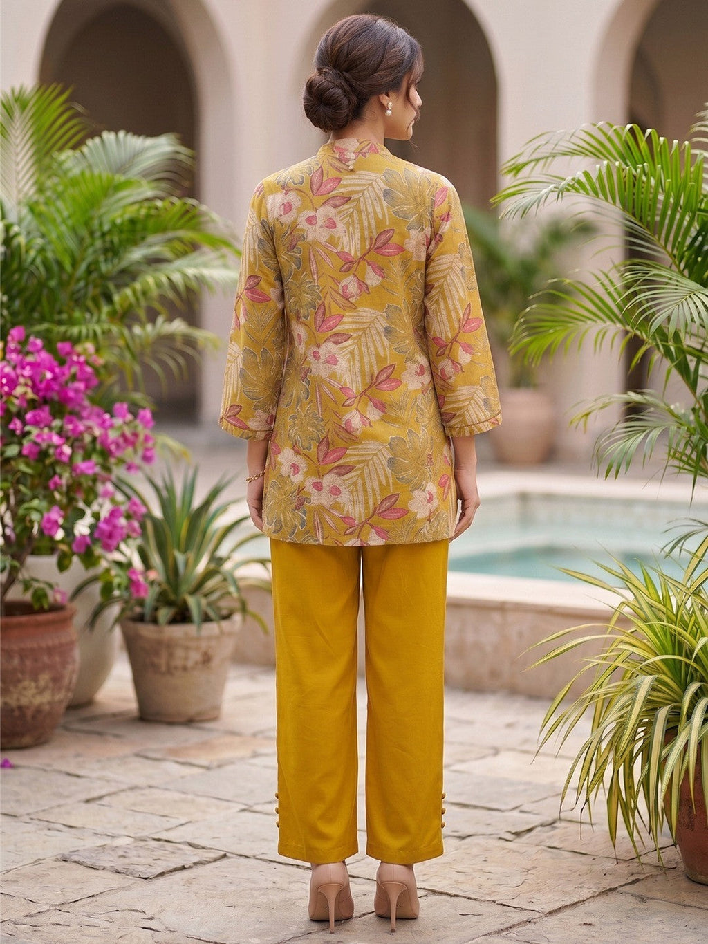 Mustard Floral Printed Rayon Top Bottom Set with Bead Work on Neck Stylish Ethnic Wear