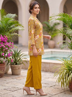 Mustard Floral Printed Rayon Top Bottom Set with Bead Work on Neck Stylish Ethnic Wear