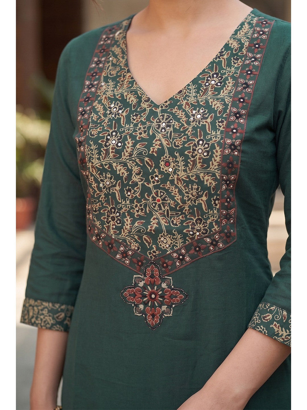 Premium Green Printed Pure Cotton Straight Fit Salwar Suit with Mirror Work Elegant Look