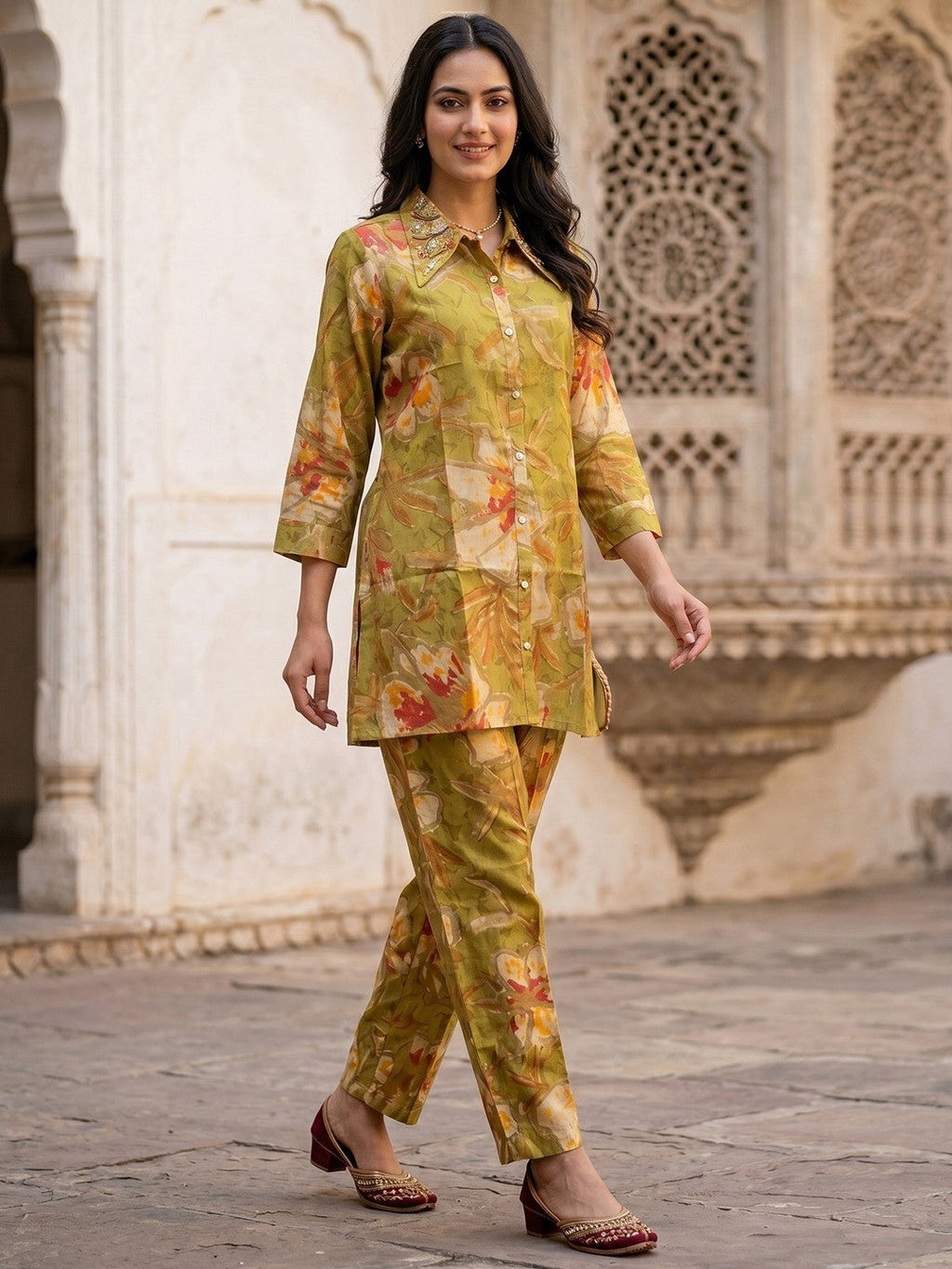 Green Floral Printed Rayon Top Bottom Set Stylish Everyday Ethnic Wear