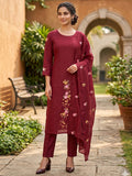 Maroon Floral Embroidered Mul Chanderi Straight Fit Salwar Suit Elegant Ethnic Wear