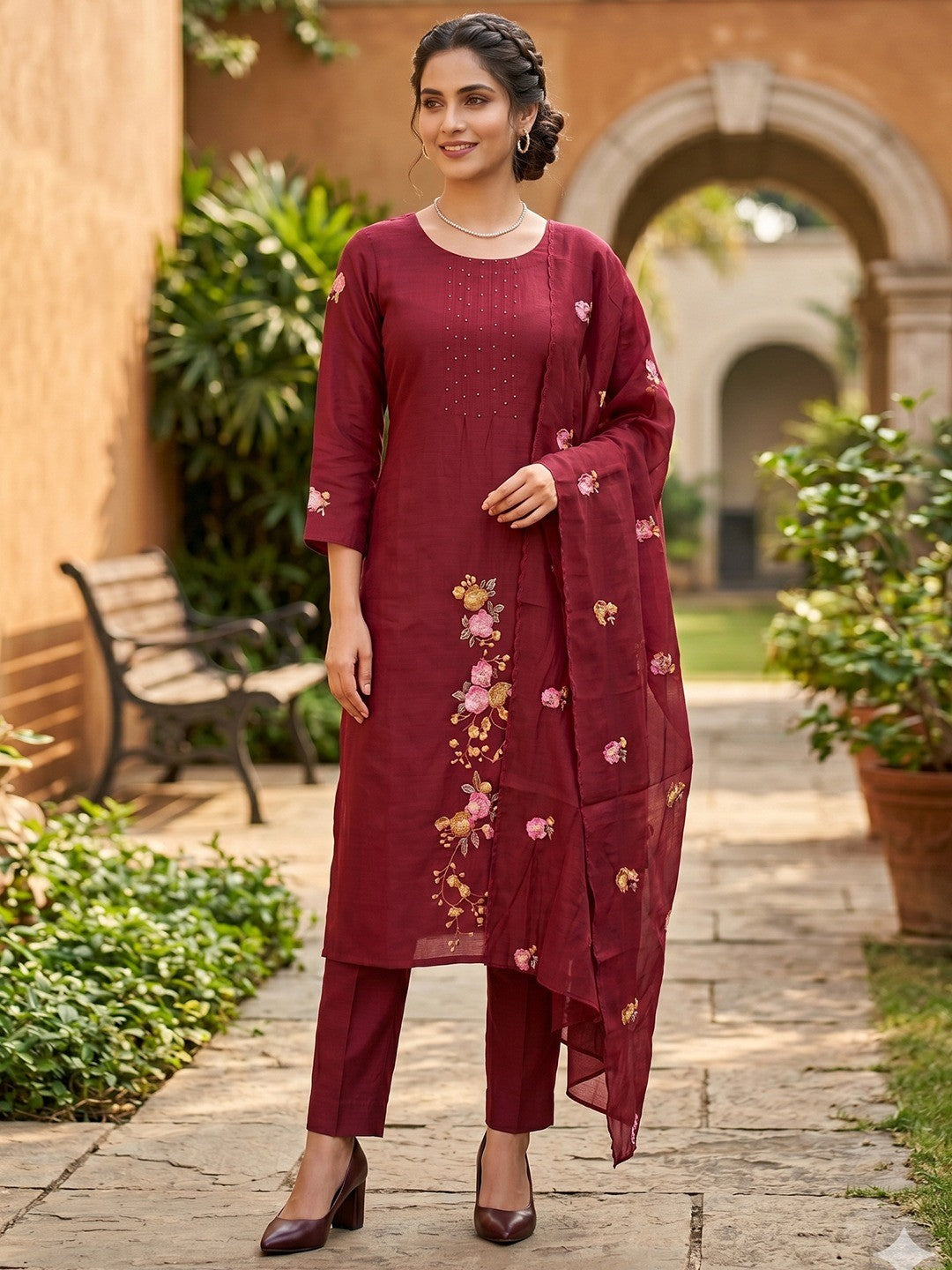 Maroon Floral Embroidered Mul Chanderi Straight Fit Salwar Suit Elegant Ethnic Wear