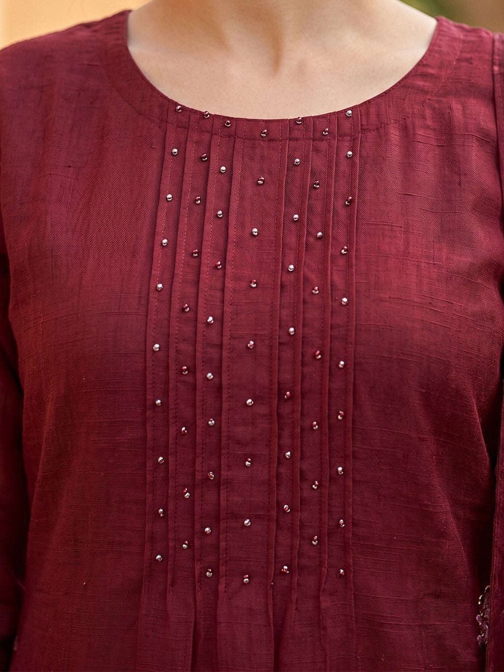Maroon Floral Embroidered Mul Chanderi Straight Fit Salwar Suit Elegant Ethnic Wear