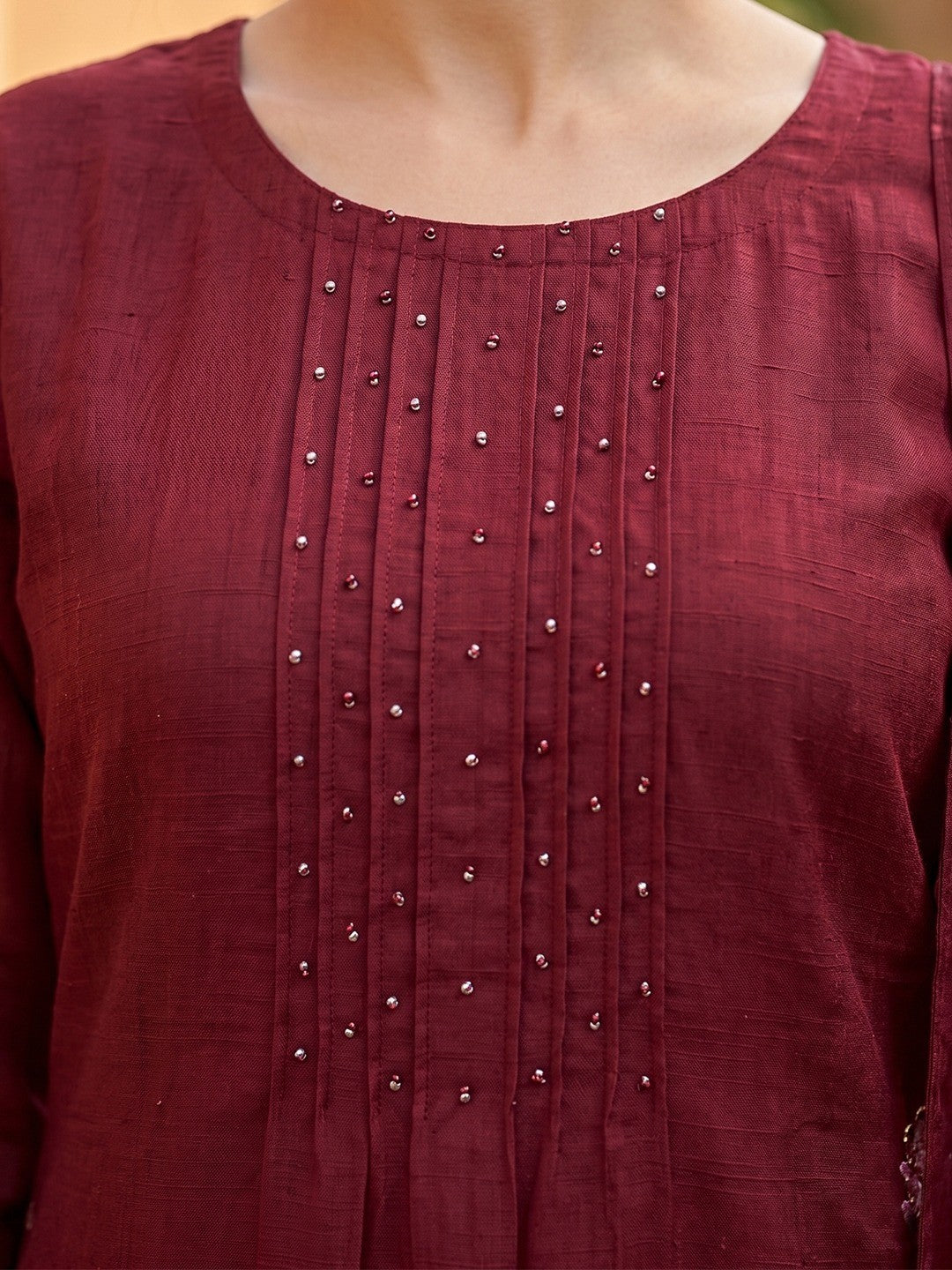Maroon Floral Embroidered Mul Chanderi Straight Fit Salwar Suit Elegant Ethnic Wear