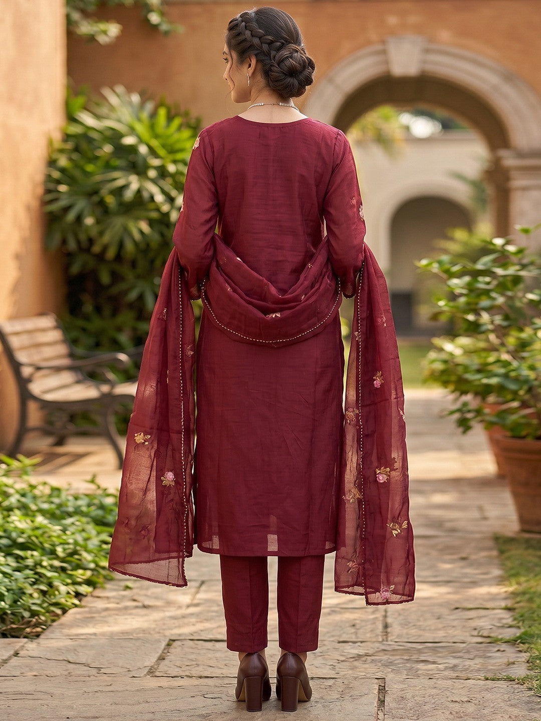 Maroon Floral Embroidered Mul Chanderi Straight Fit Salwar Suit Elegant Ethnic Wear