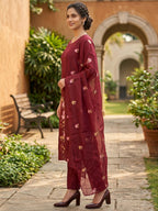 Maroon Floral Embroidered Mul Chanderi Straight Fit Salwar Suit Elegant Ethnic Wear