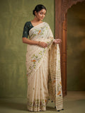 Stylish Cream Linen Saree with Multicolor Printed Motifs Minimal Elegant Look