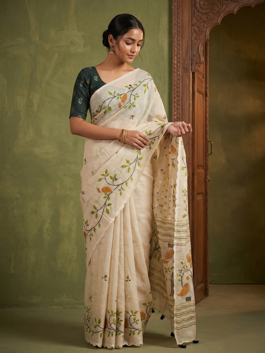 Stylish Cream Linen Saree with Multicolor Printed Motifs Minimal Elegant Look