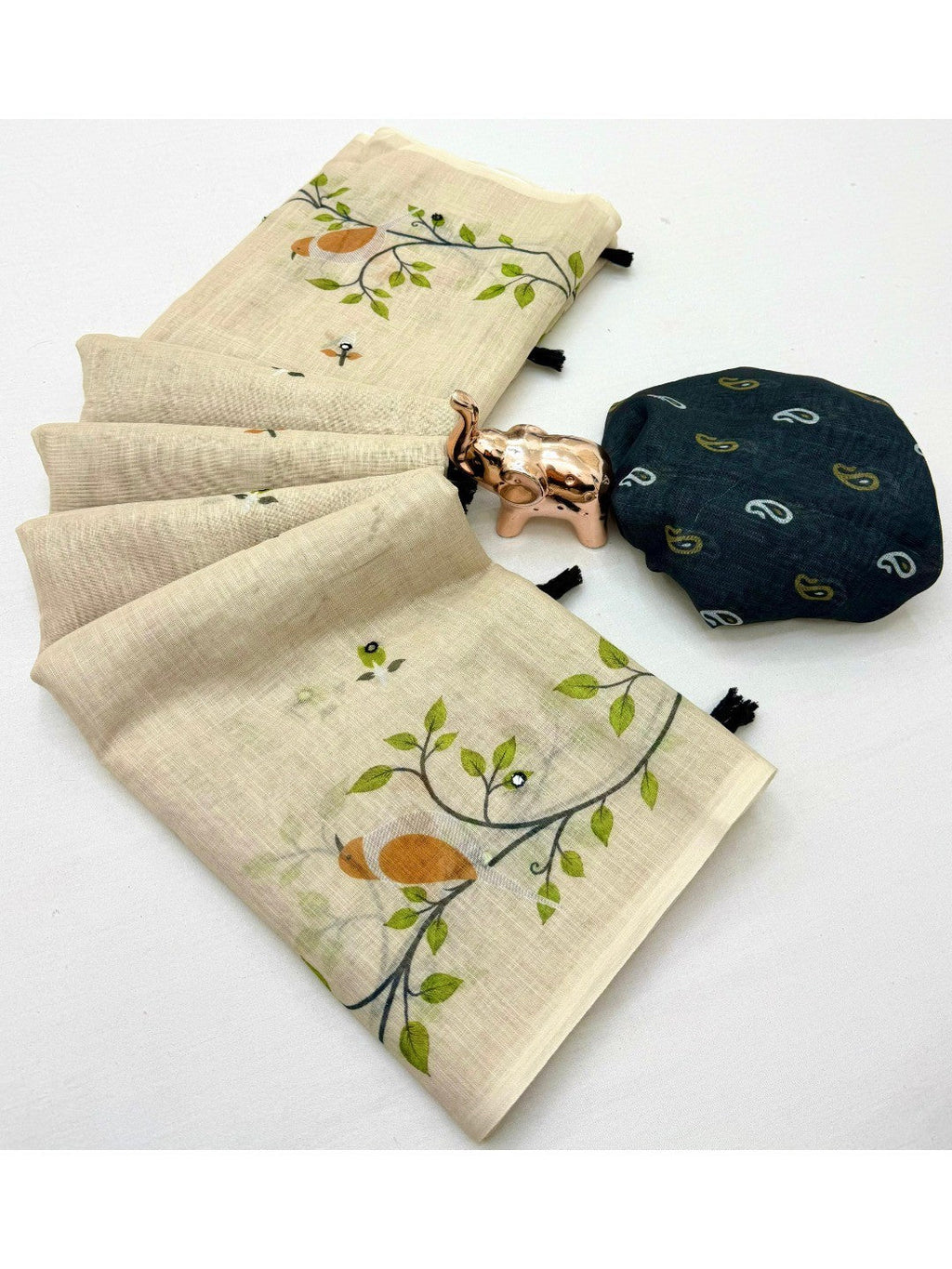Stylish Cream Linen Saree with Multicolor Printed Motifs Minimal Elegant Look