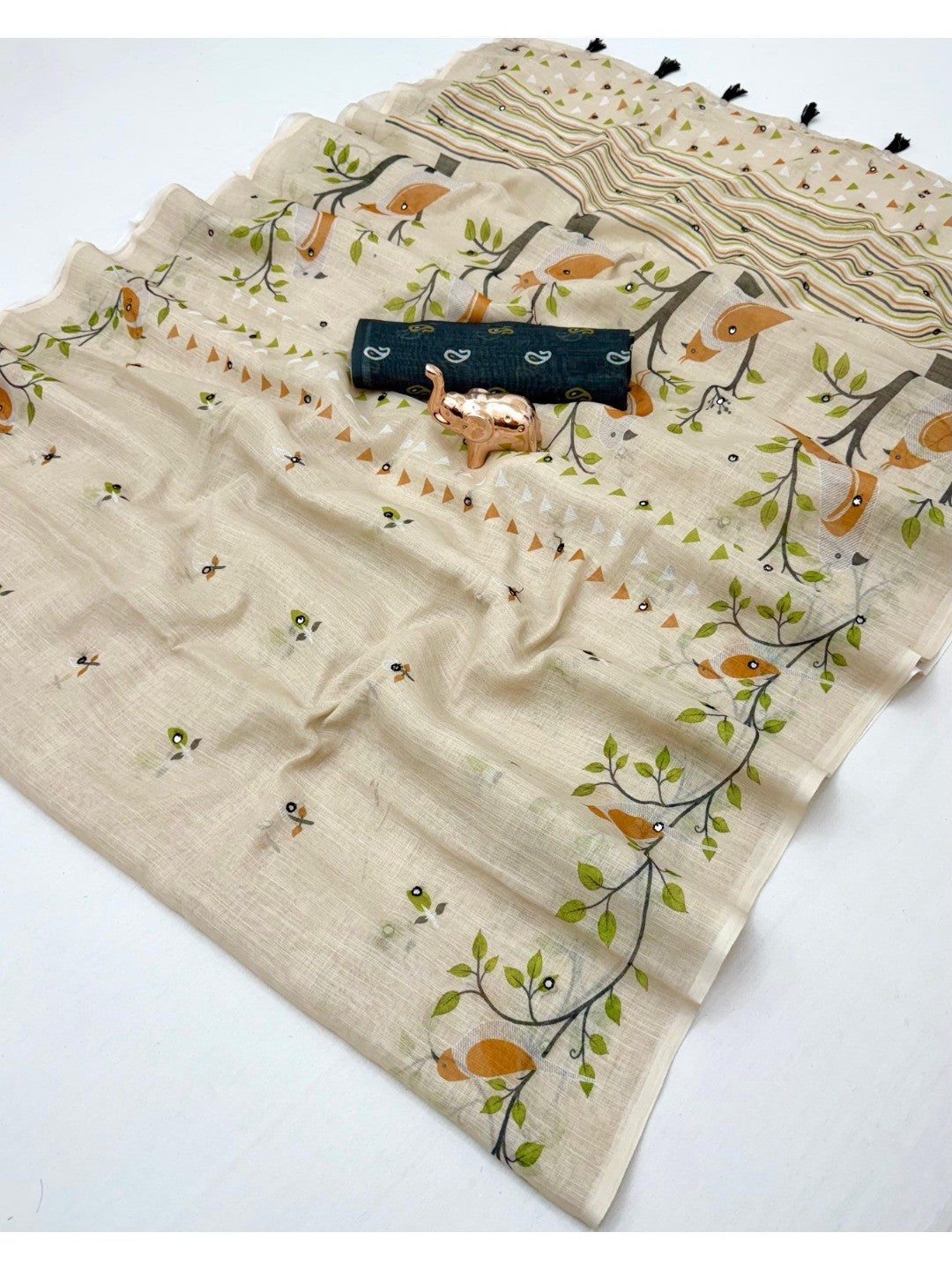 Stylish Cream Linen Saree with Multicolor Printed Motifs Minimal Elegant Look