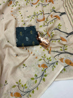 Stylish Cream Linen Saree with Multicolor Printed Motifs Minimal Elegant Look