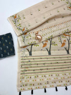 Stylish Cream Linen Saree with Multicolor Printed Motifs Minimal Elegant Look
