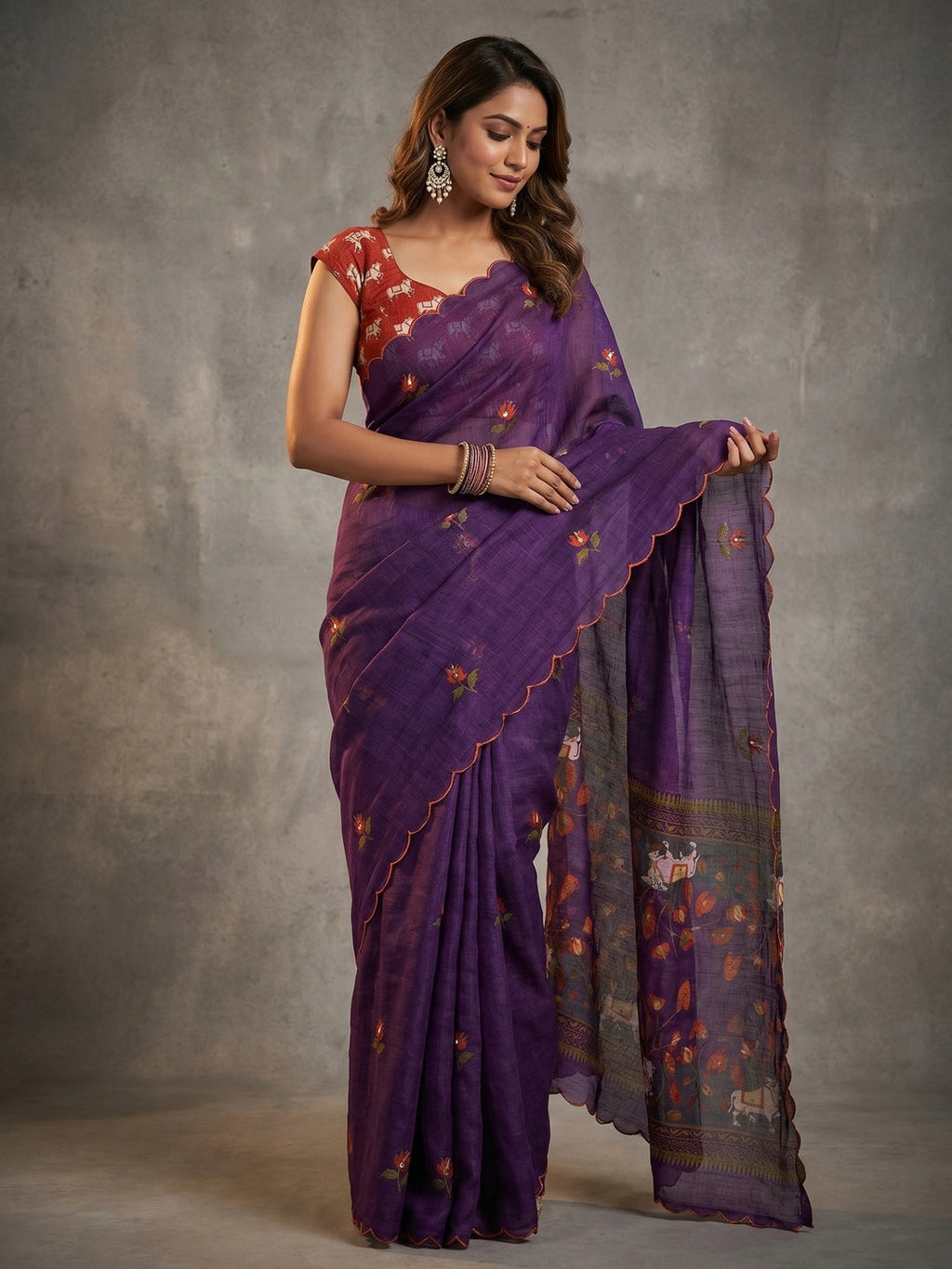 Stylish Purple Linen Saree with Multicolor Printed Motifs Minimal Elegant Look