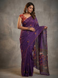 Stylish Purple Linen Saree with Multicolor Printed Motifs Minimal Elegant Look