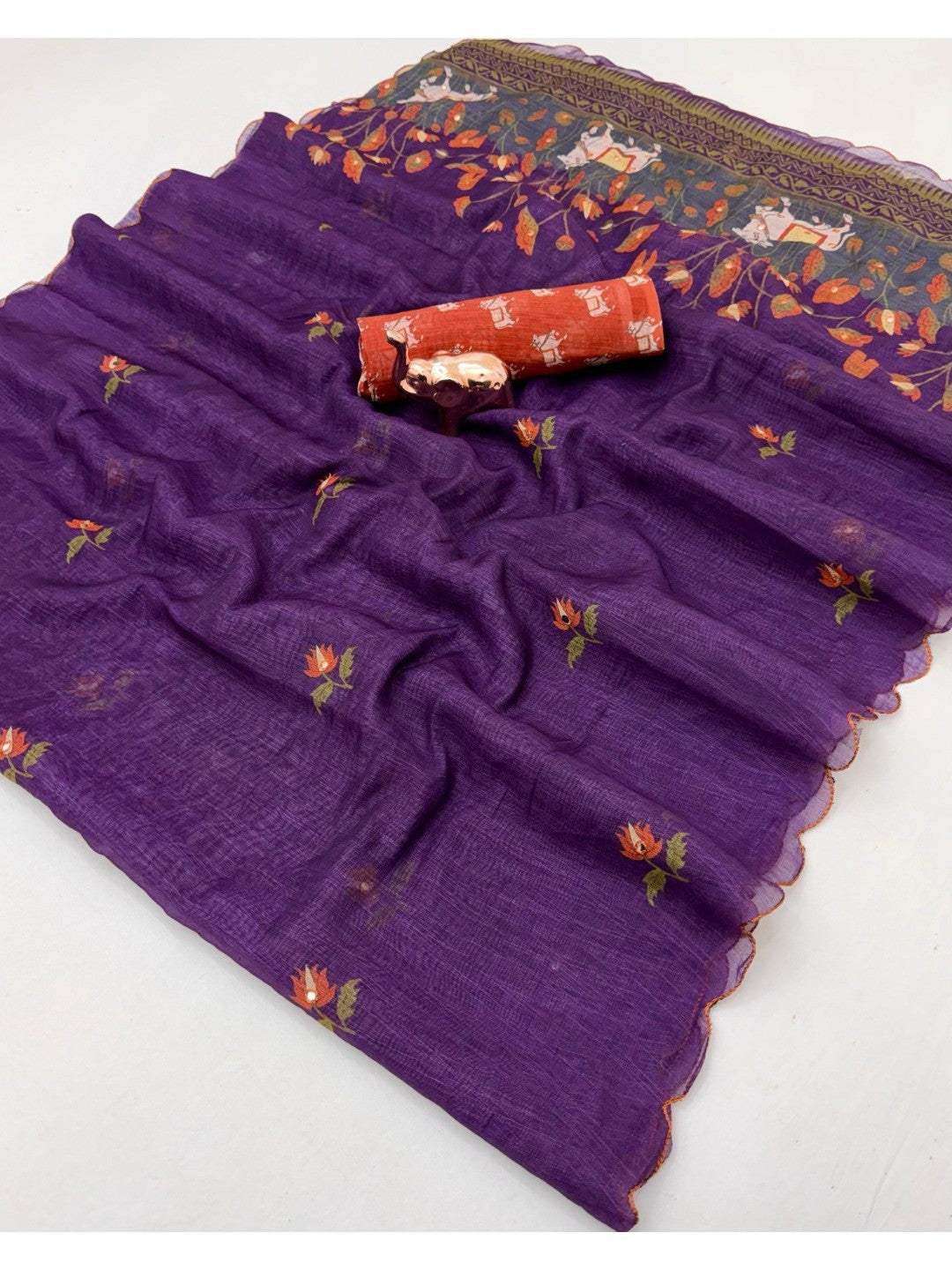 Stylish Purple Linen Saree with Multicolor Printed Motifs Minimal Elegant Look