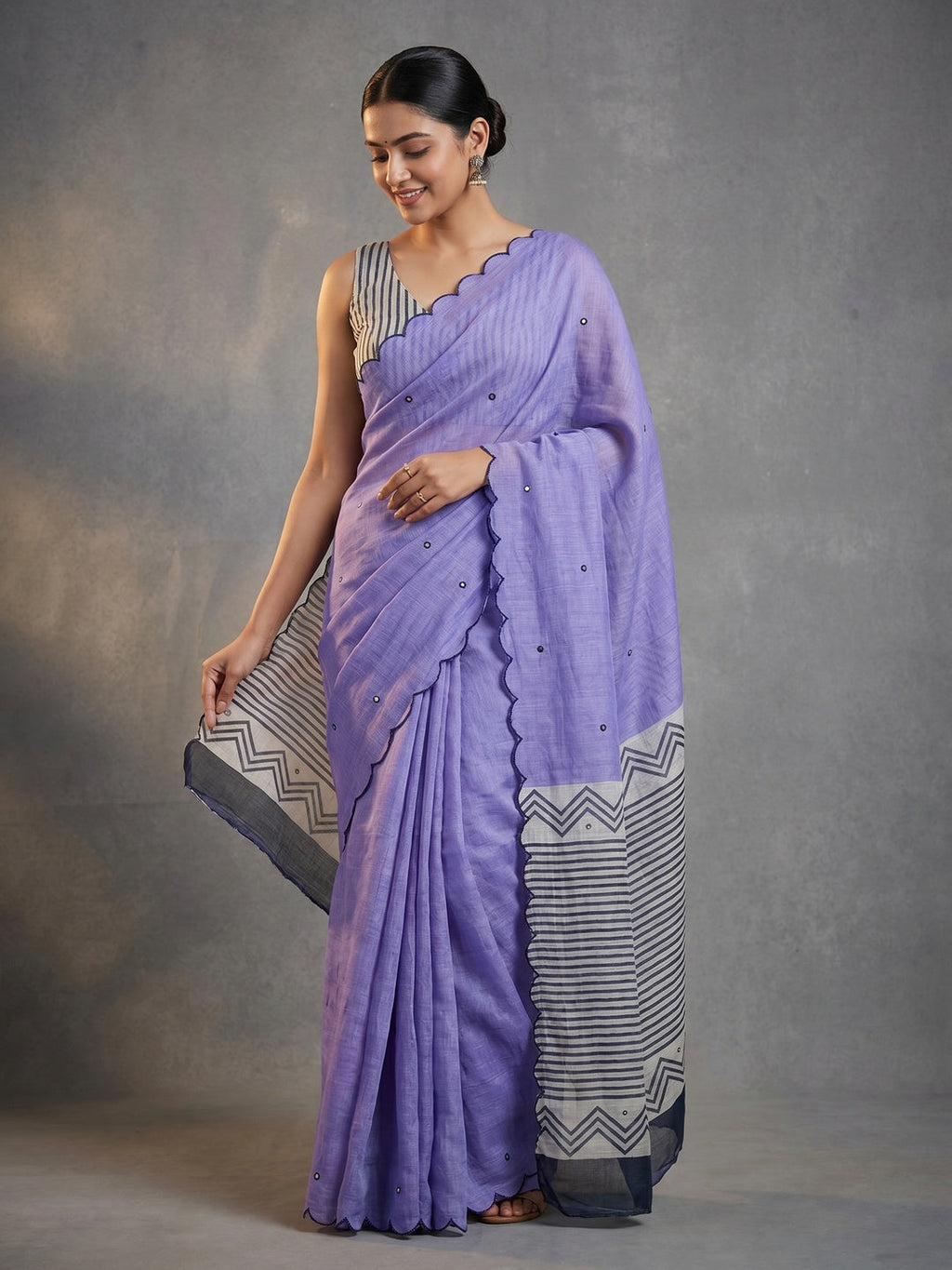 Stylish Lavender Linen Saree with Multicolor Printed Motifs Minimal Elegant Look