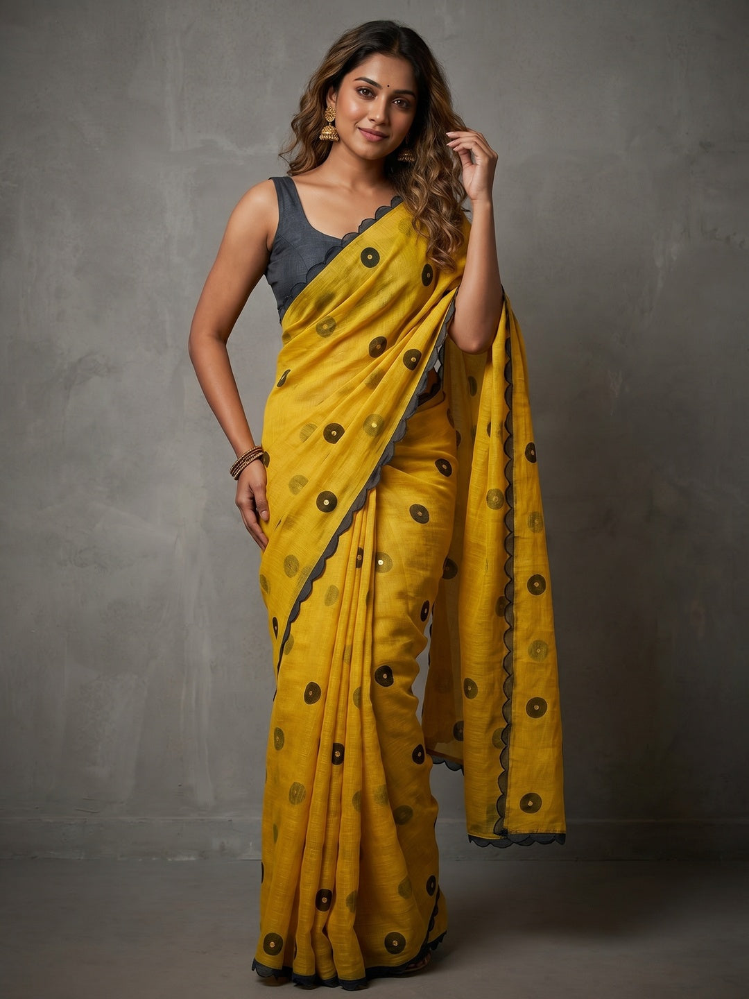 Stylish Yellow Linen Saree with Multicolor Printed Motifs Minimal Elegant Look