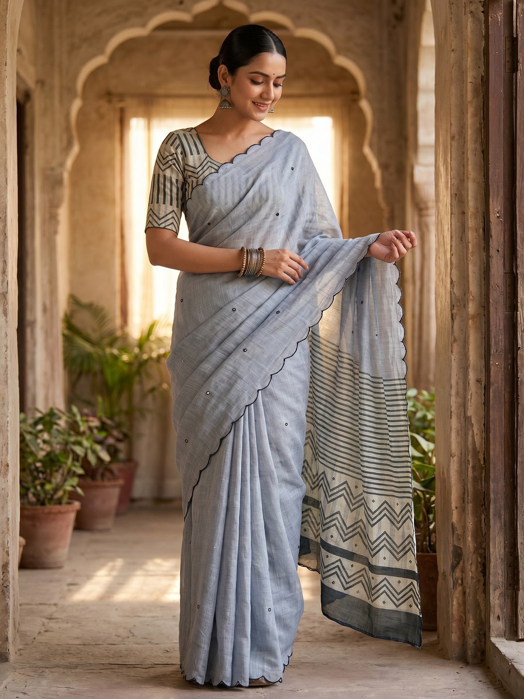 Stylish Grey Linen Saree with Multicolor Printed Motifs Minimal Elegant Look