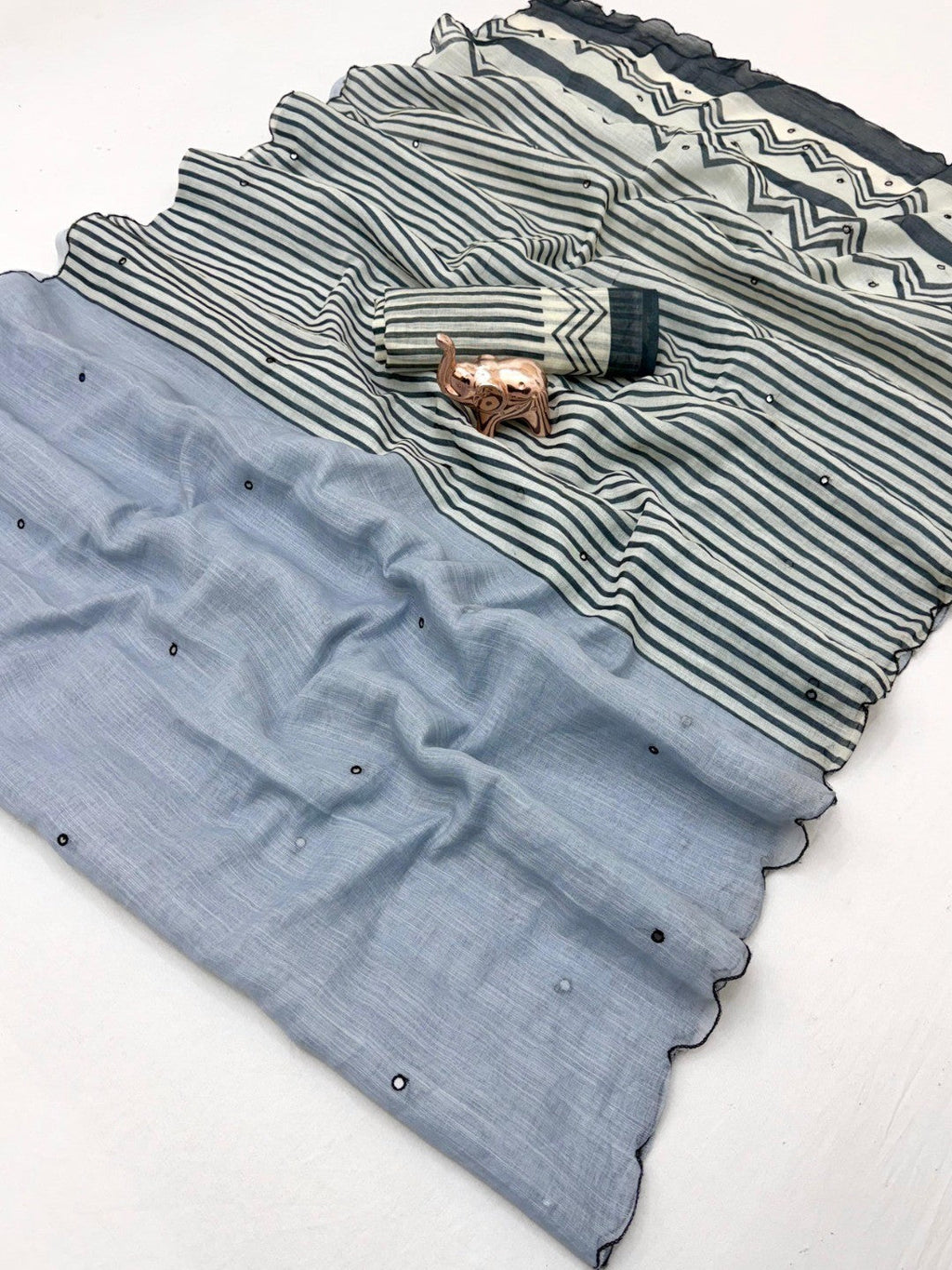 Stylish Grey Linen Saree with Multicolor Printed Motifs Minimal Elegant Look