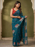 Stylish Teal Linen Saree with Multicolor Printed Motifs Minimal Elegant Look