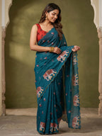 Stylish Teal Linen Saree with Multicolor Printed Motifs Minimal Elegant Look