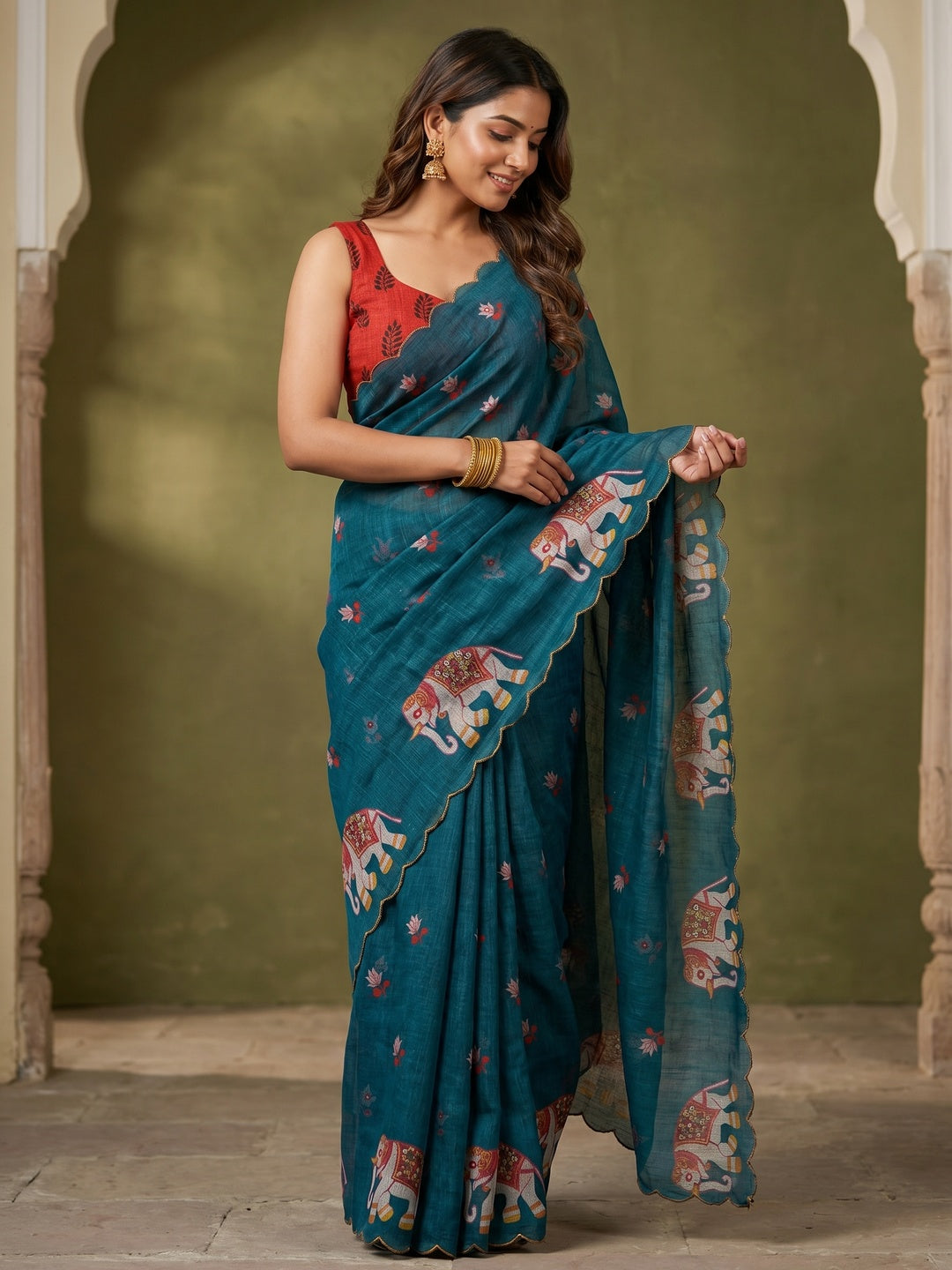 Stylish Teal Linen Saree with Multicolor Printed Motifs Minimal Elegant Look