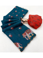 Stylish Teal Linen Saree with Multicolor Printed Motifs Minimal Elegant Look