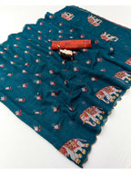 Stylish Teal Linen Saree with Multicolor Printed Motifs Minimal Elegant Look