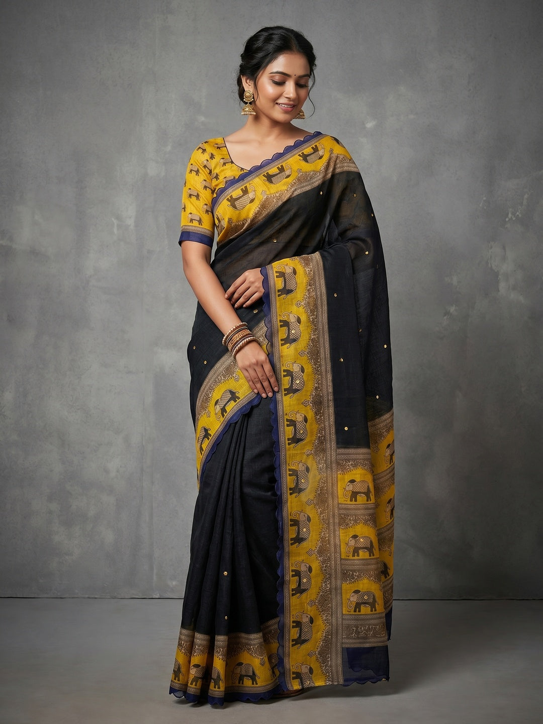 Stylish Black Linen Saree with Multicolor Printed Motifs Minimal Elegant Look