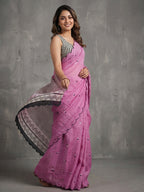 Stylish Pink Linen Saree with Multicolor Printed Motifs Minimal Elegant Look