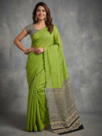 Stylish Green Linen Saree with Multicolor Printed Motifs Minimal Elegant Look